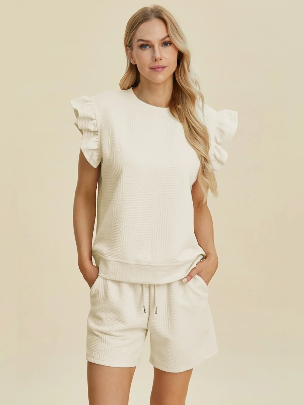 Double Take Full Size Texture Round Neck Ruffle Sleeve Top and Shorts Set